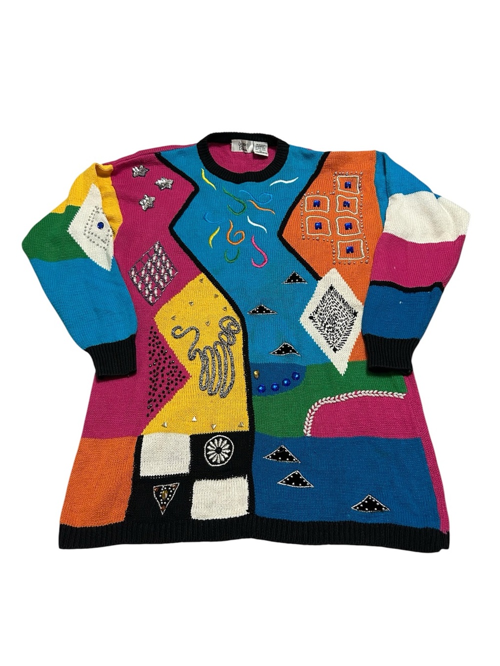 Vintage 90s Women’s Medium Bedazzled Embroidered Geometric Knit Sweater